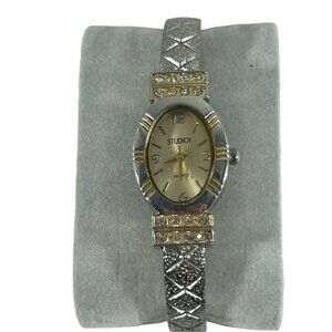 Studio Time Womens Silver Tone Cuff Wristwatch Watch 19mm Rhinestones Dressy